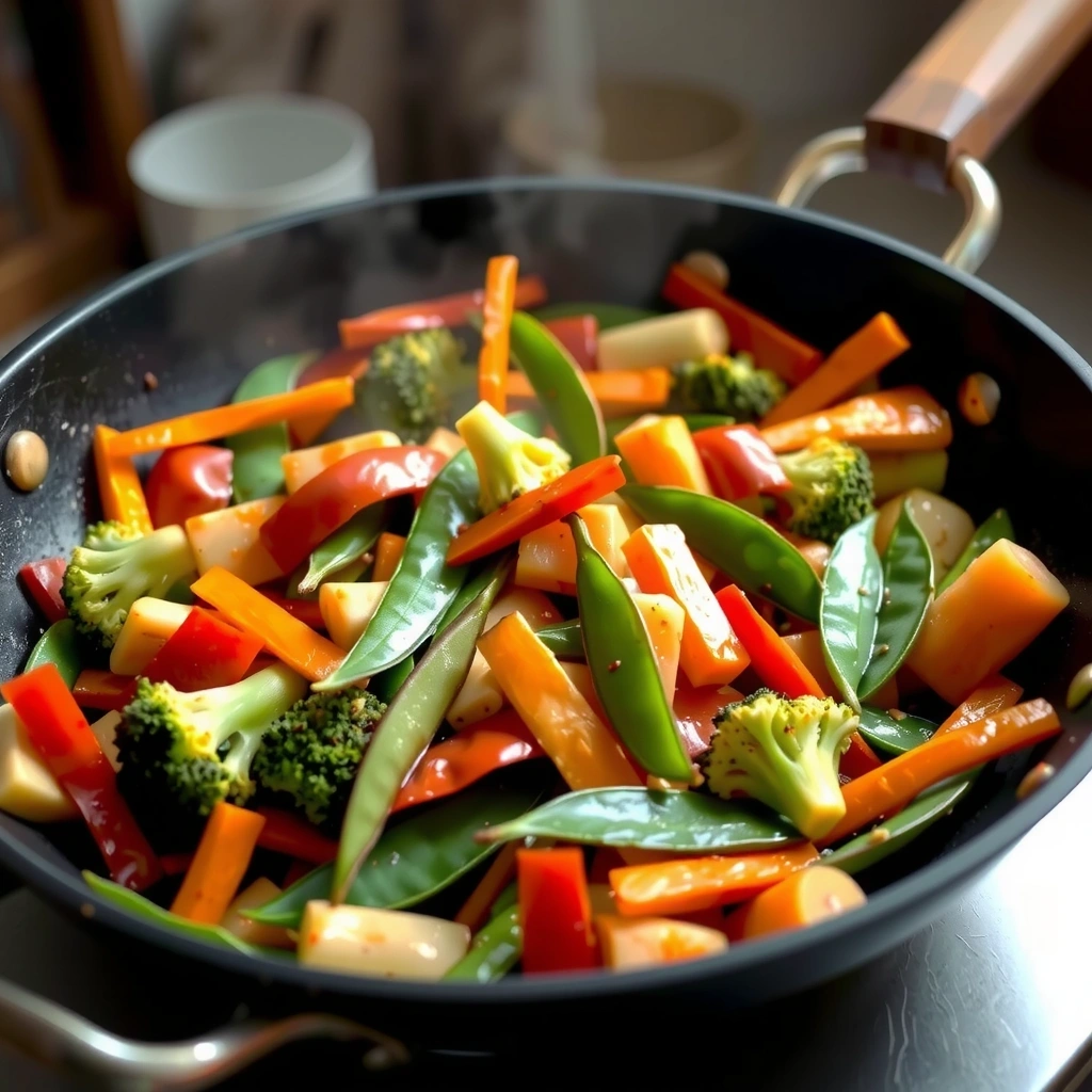 Colorful vegetable stir-fry in a wok