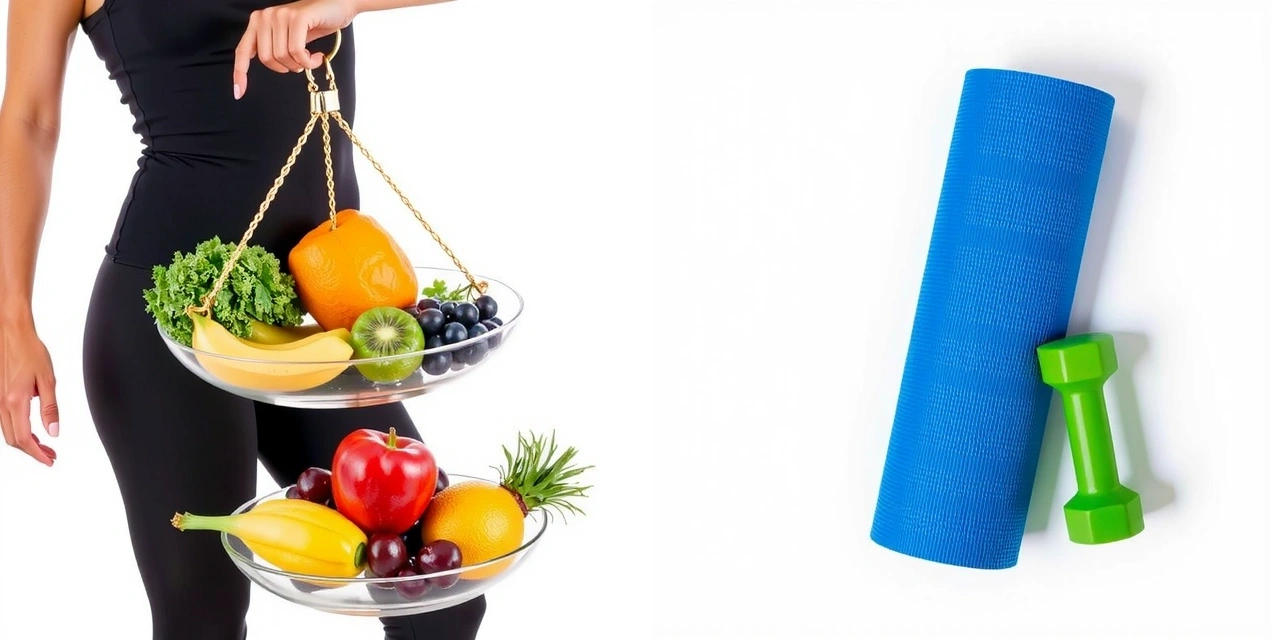 Person balanciert gesunde Lebensmittel und Sportgeräte